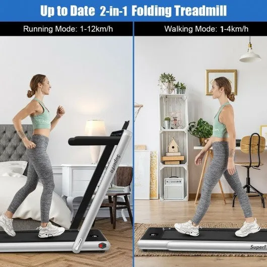 2-in-1 Electric Motorized Health and Fitness Folding Treadmill with Dual Display-Silver