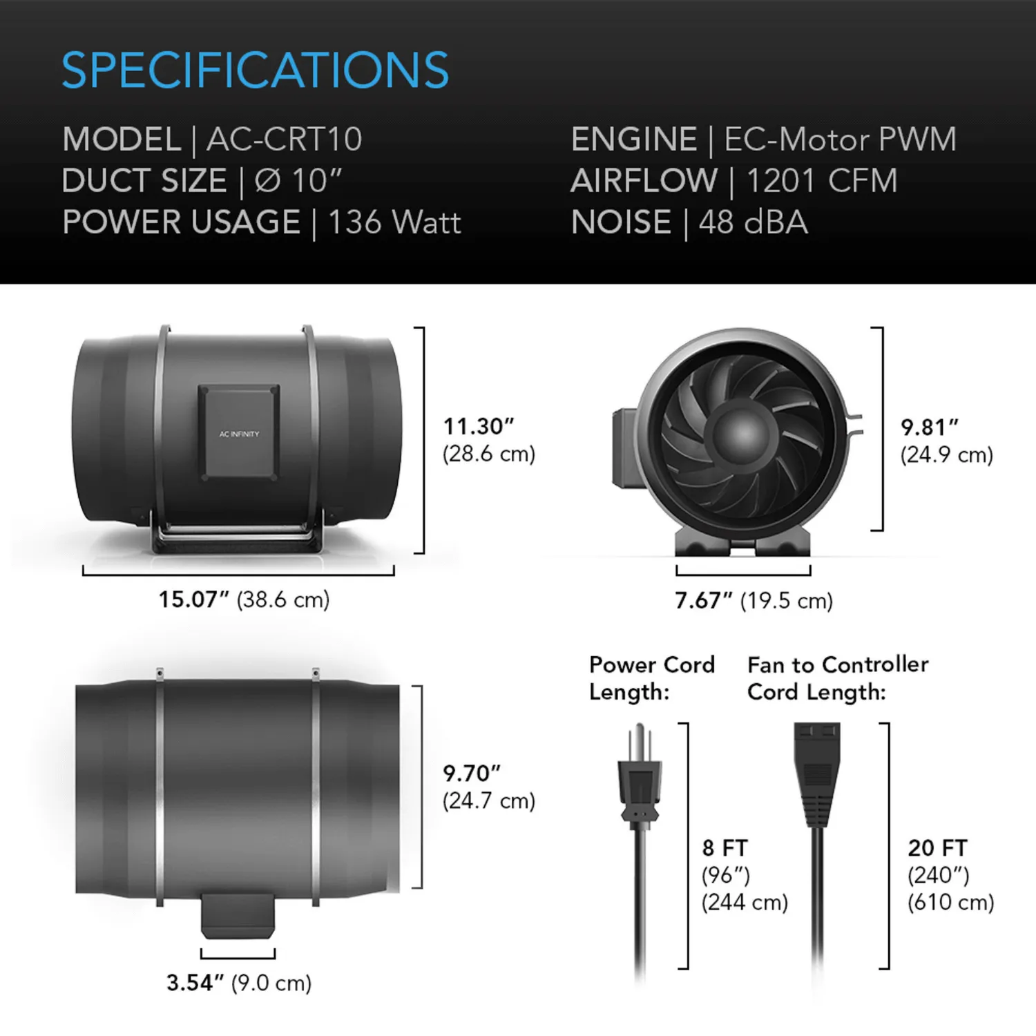 AC Infinity CLOUDWAY T10, Whole House EC Fan, 1200 CFM, Energy Efficient with Temperature Humidity Controller