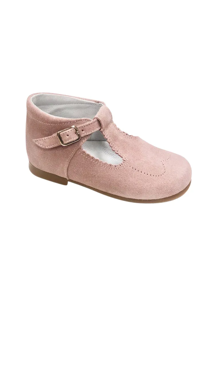 Baby Scalloped T Strap Light Pink Suede