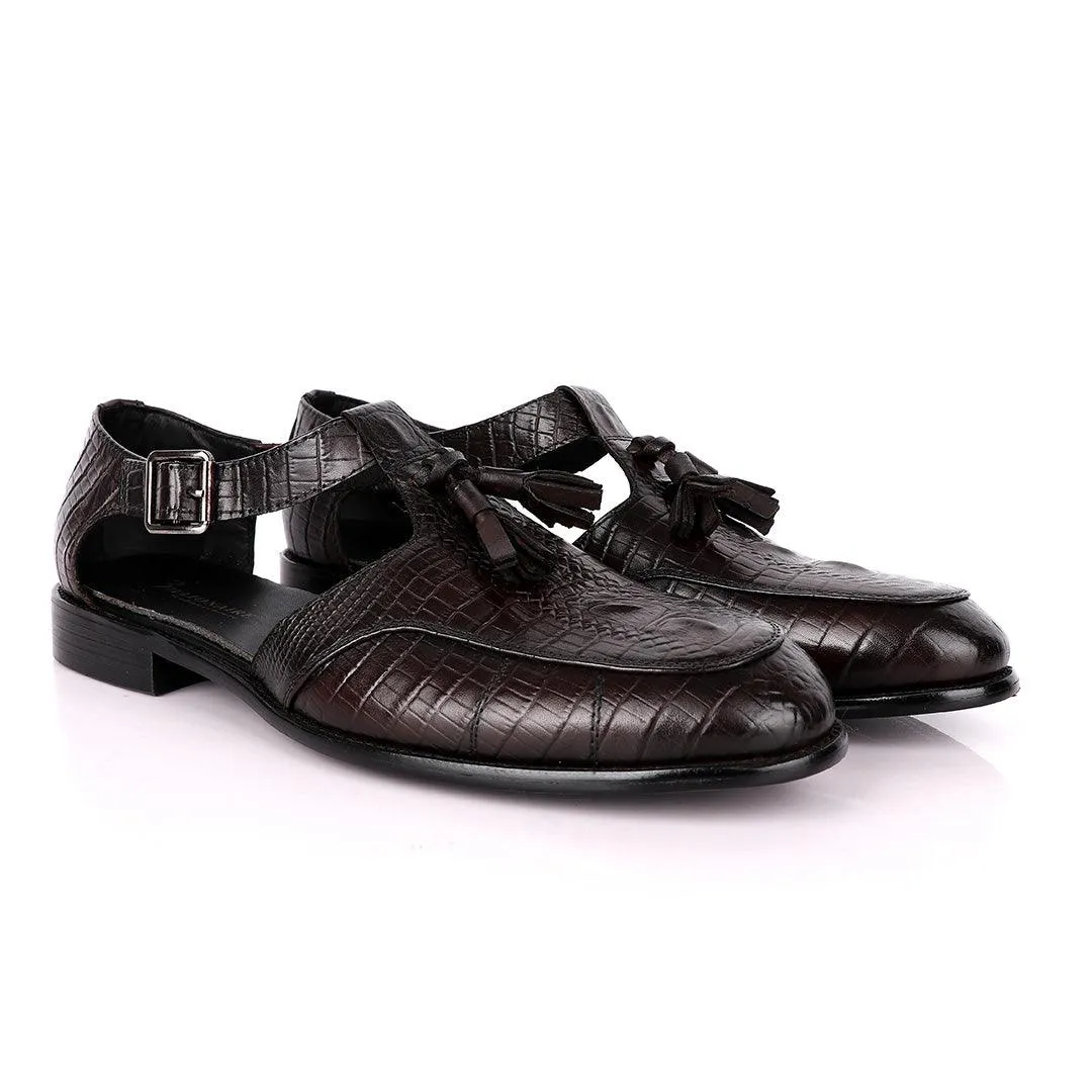 Billionaire Classic Croc Tassel Coffee Leather Sandal Shoe