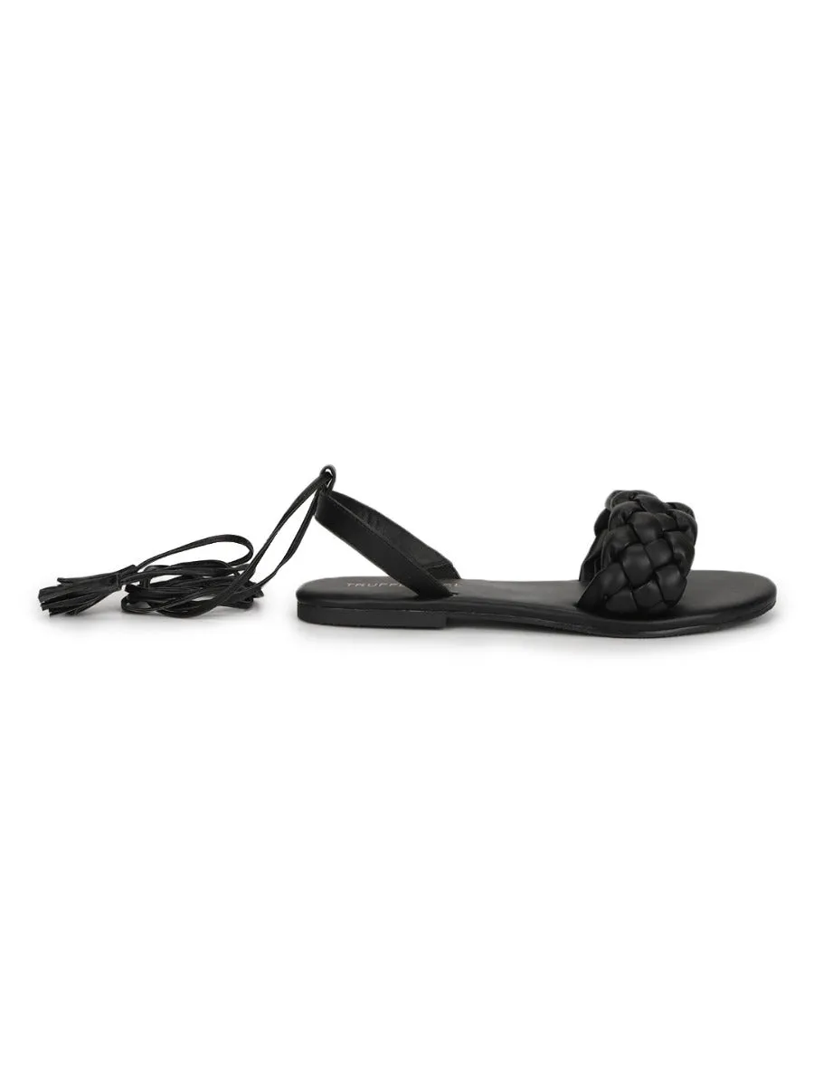 Black PU Lace up Flat Sandals