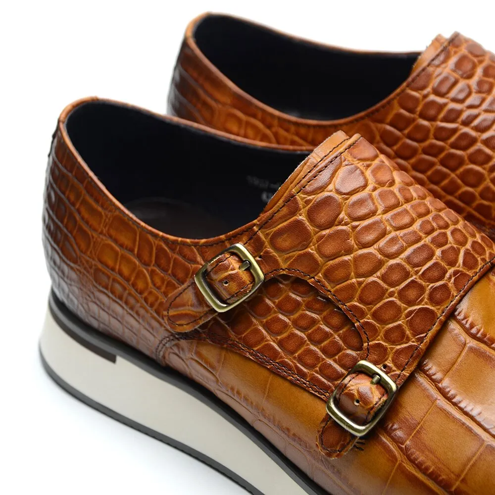 Crocodile Pattern Double Buckle Monk Shoes