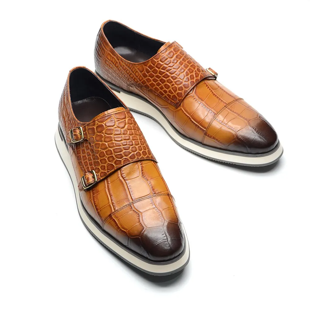 Crocodile Pattern Double Buckle Monk Shoes