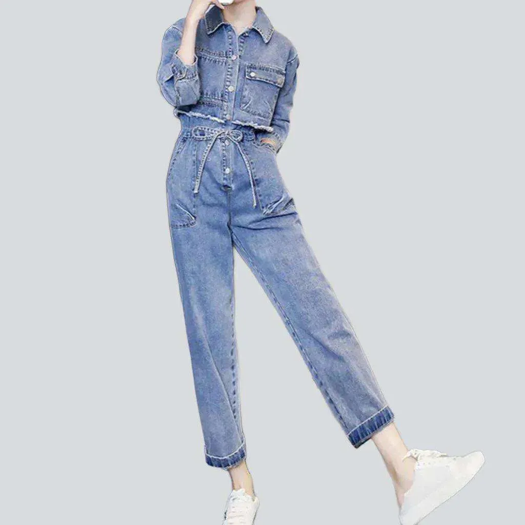 Embroidered street style jean jumpsuit for women