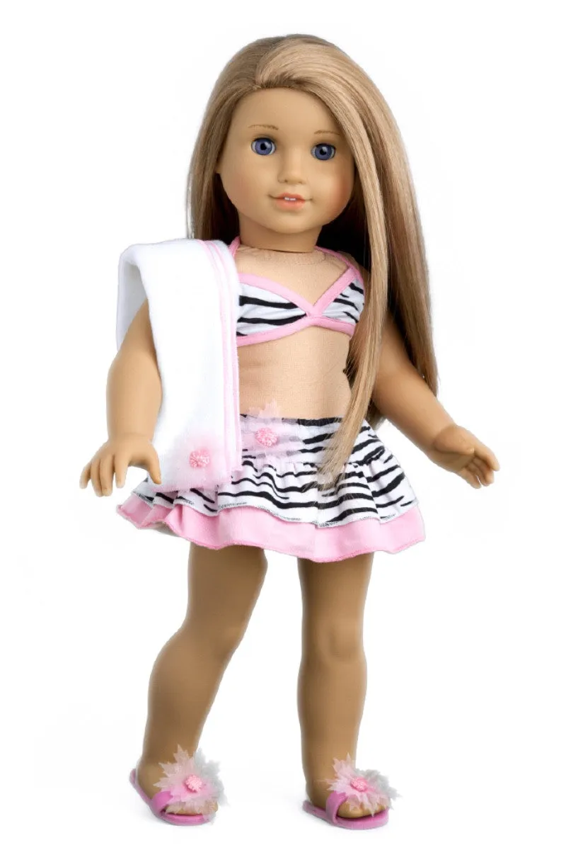 Fun with the Sun - Clothes for 18 inch Doll - 4 Piece Swimsuit Outfit - Skirt, Bikini Top, matching Flip Flops and Beach Blanket