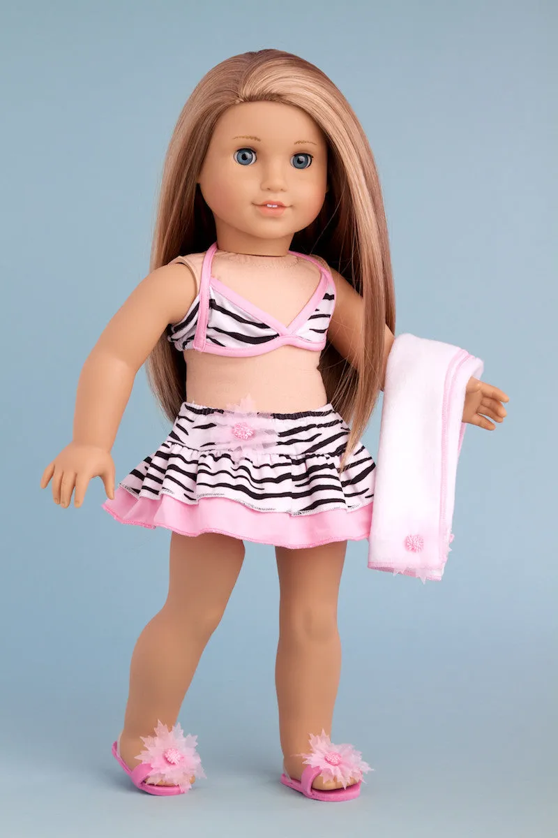 Fun with the Sun - Clothes for 18 inch Doll - 4 Piece Swimsuit Outfit - Skirt, Bikini Top, matching Flip Flops and Beach Blanket