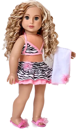 Fun with the Sun - Clothes for 18 inch Doll - 4 Piece Swimsuit Outfit - Skirt, Bikini Top, matching Flip Flops and Beach Blanket