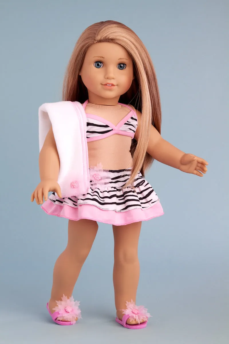 Fun with the Sun - Clothes for 18 inch Doll - 4 Piece Swimsuit Outfit - Skirt, Bikini Top, matching Flip Flops and Beach Blanket