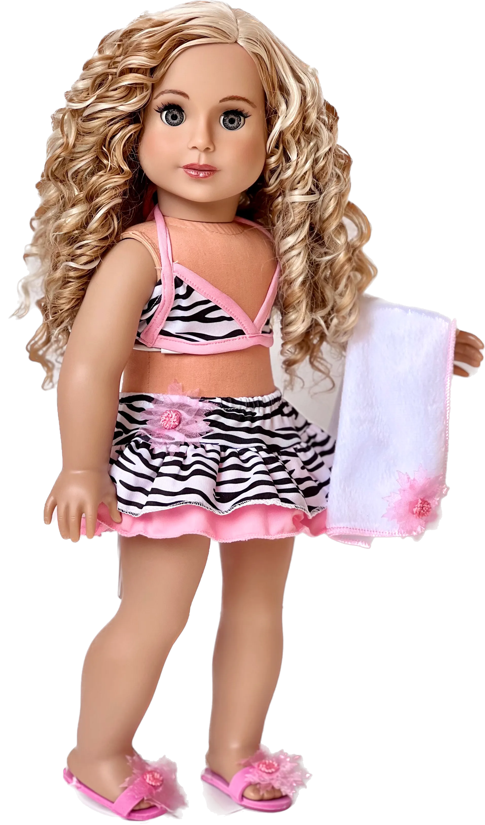 Fun with the Sun - Clothes for 18 inch Doll - 4 Piece Swimsuit Outfit - Skirt, Bikini Top, matching Flip Flops and Beach Blanket