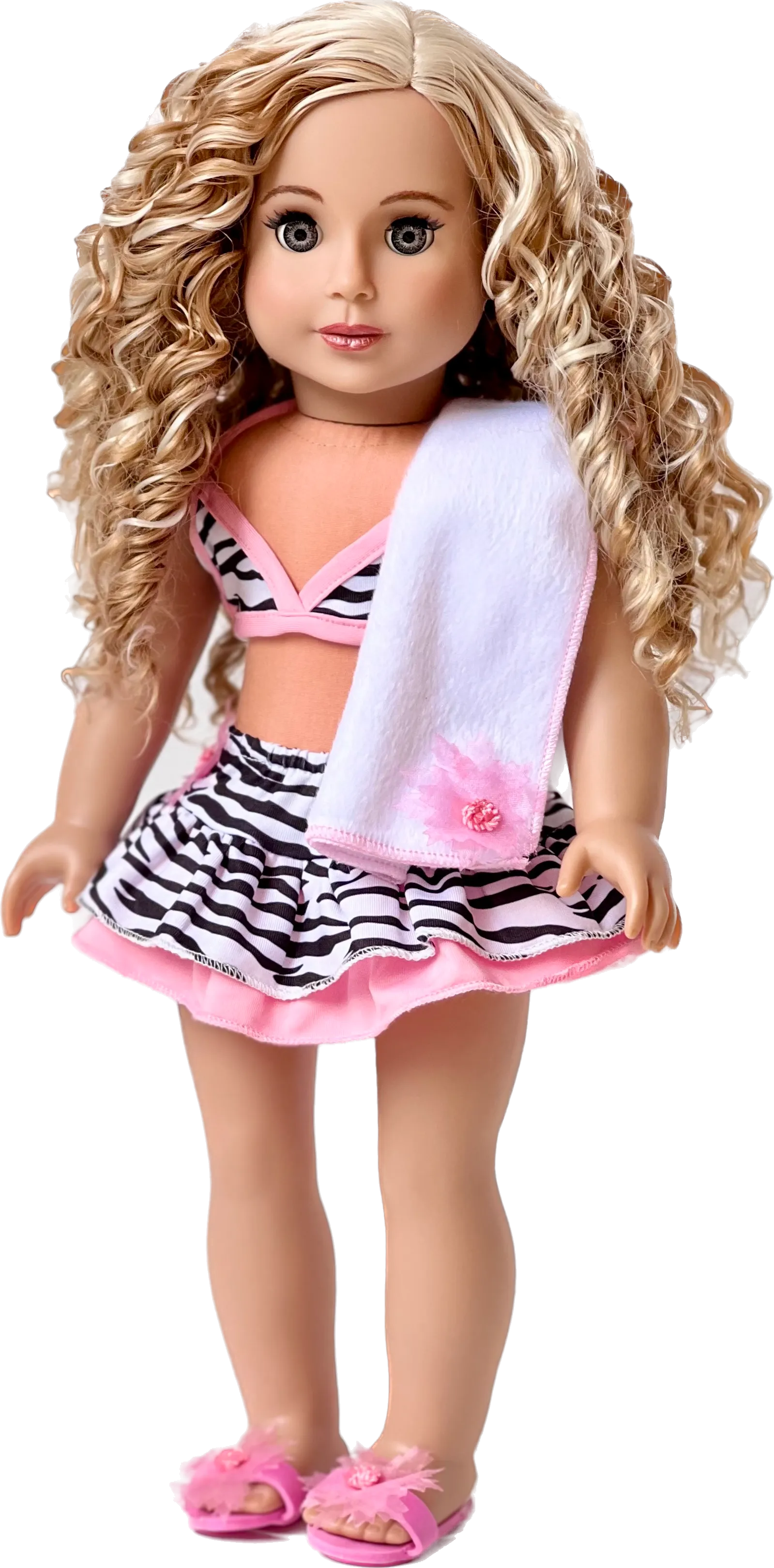 Fun with the Sun - Clothes for 18 inch Doll - 4 Piece Swimsuit Outfit - Skirt, Bikini Top, matching Flip Flops and Beach Blanket