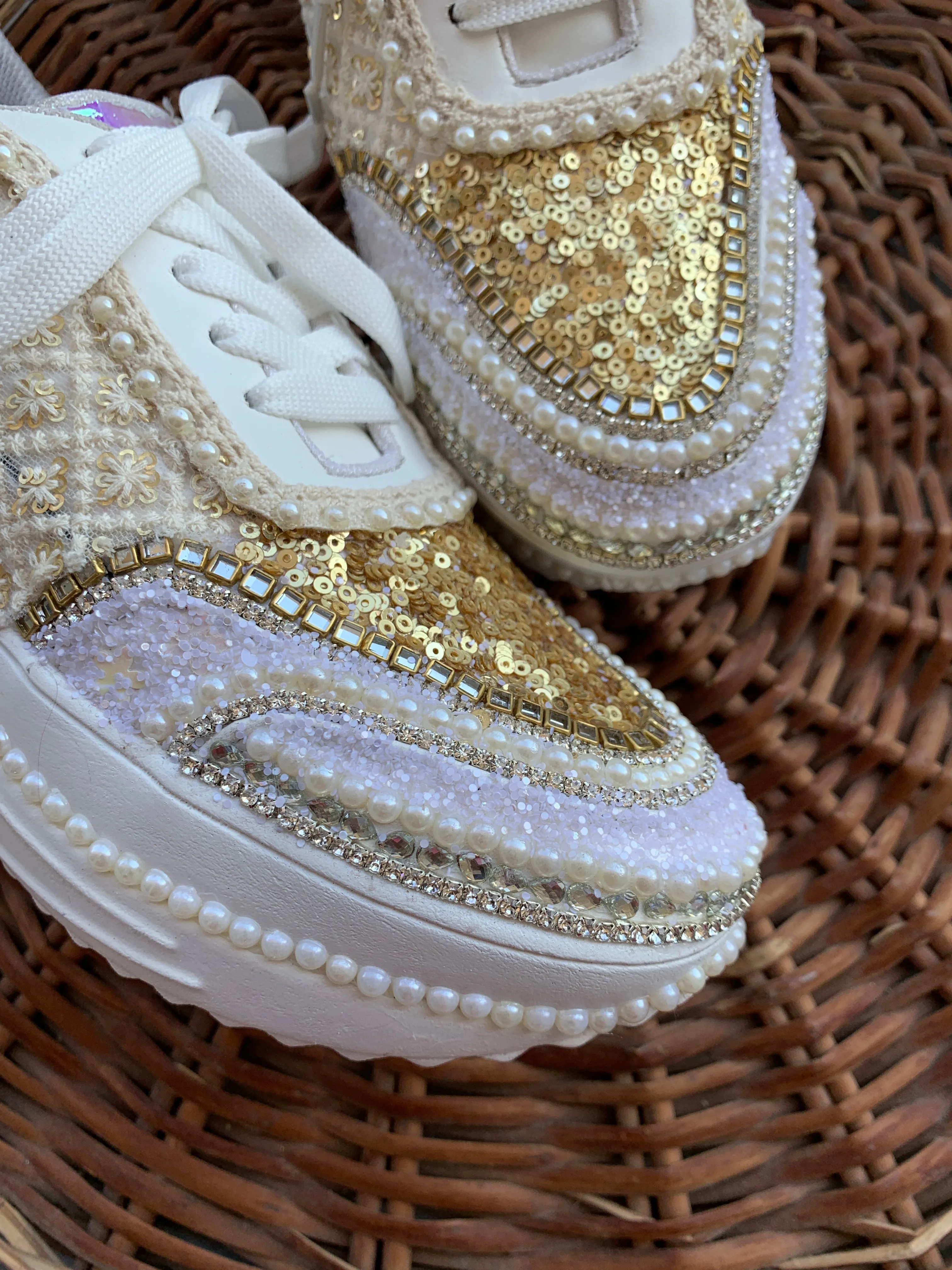 FUNKY N TRENDY ivory and gold bridal sneakers / bridesmaid sneakers/ golden sneakers / gold heeled sneakers / ivory sneakers/ gold sneakers