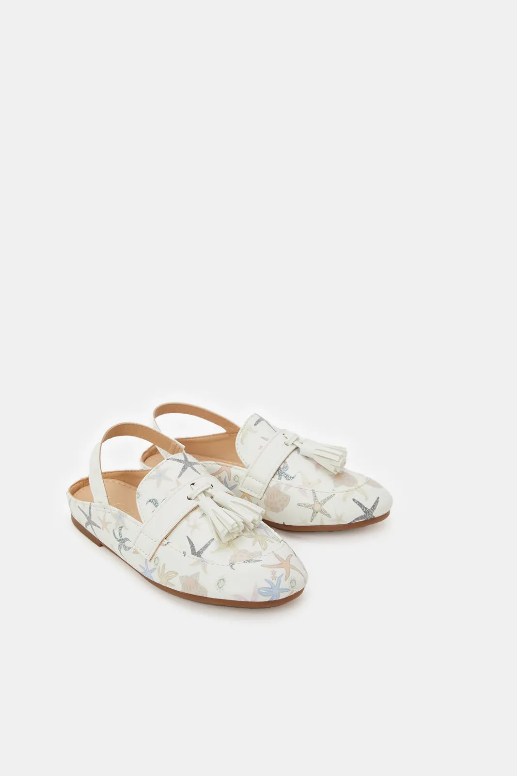 Girls White Printed Mule