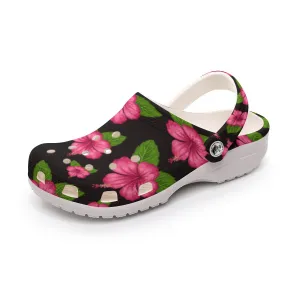 Graphic Pink Hibiscus Black Rubber Shoes up to size 12