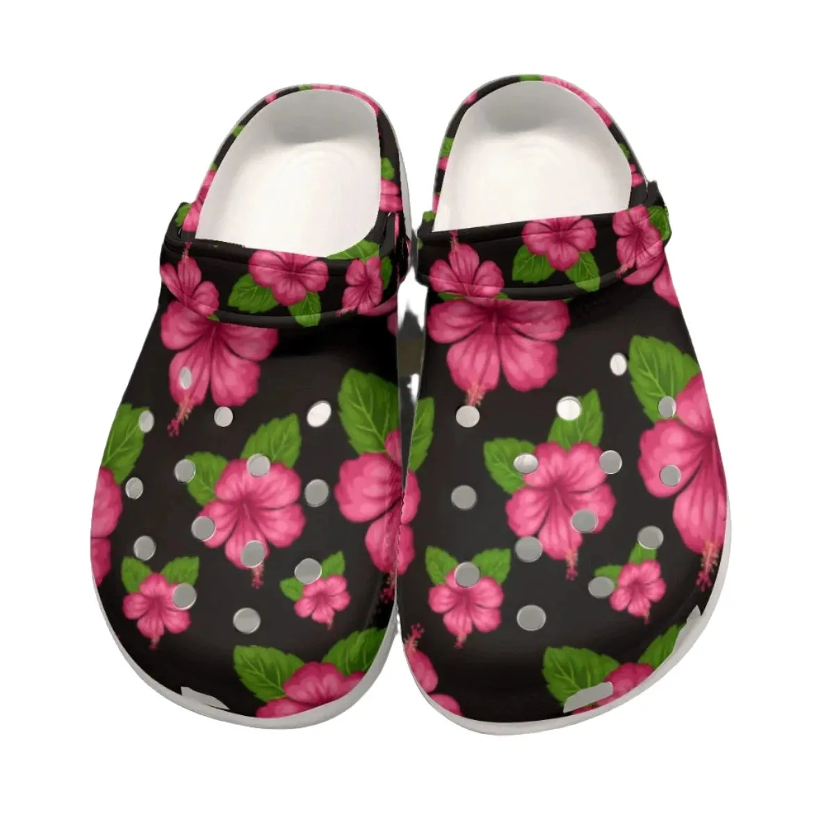 Graphic Pink Hibiscus Black Rubber Shoes up to size 12