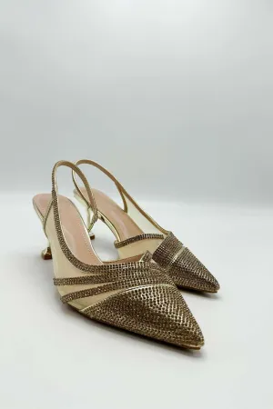 Jenn Mesh Detail Diamante Embellished Court Shoes in Gold