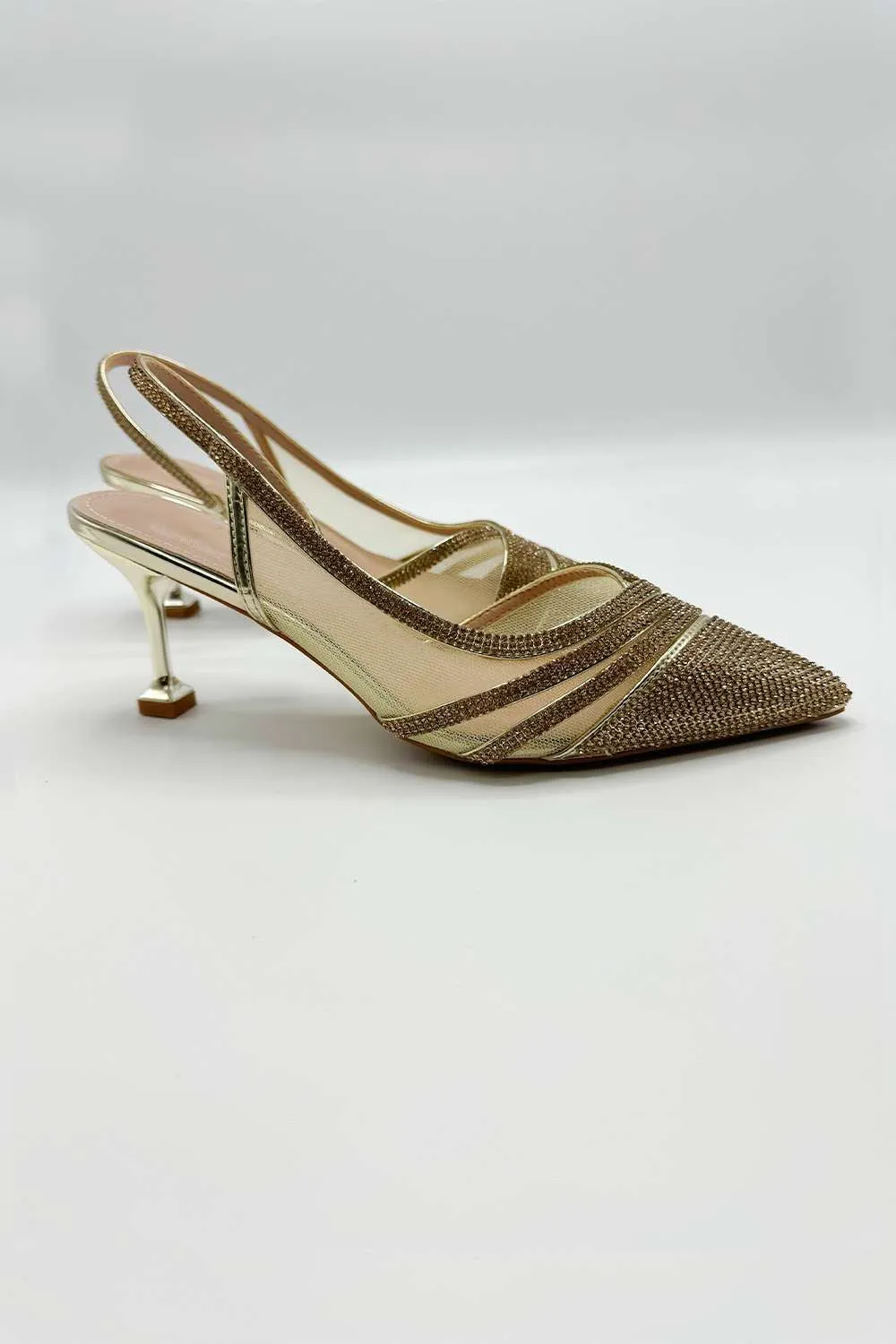 Jenn Mesh Detail Diamante Embellished Court Shoes in Gold