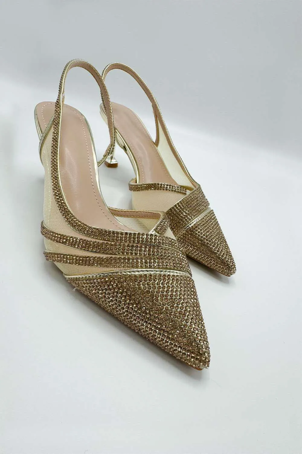 Jenn Mesh Detail Diamante Embellished Court Shoes in Gold