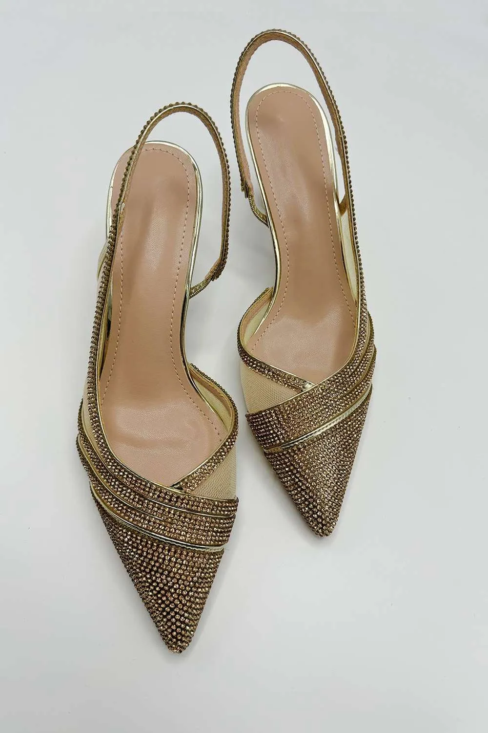 Jenn Mesh Detail Diamante Embellished Court Shoes in Gold