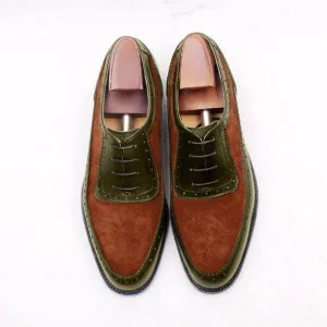 Men's Leather Suede Tan Green Round Toe Shoes