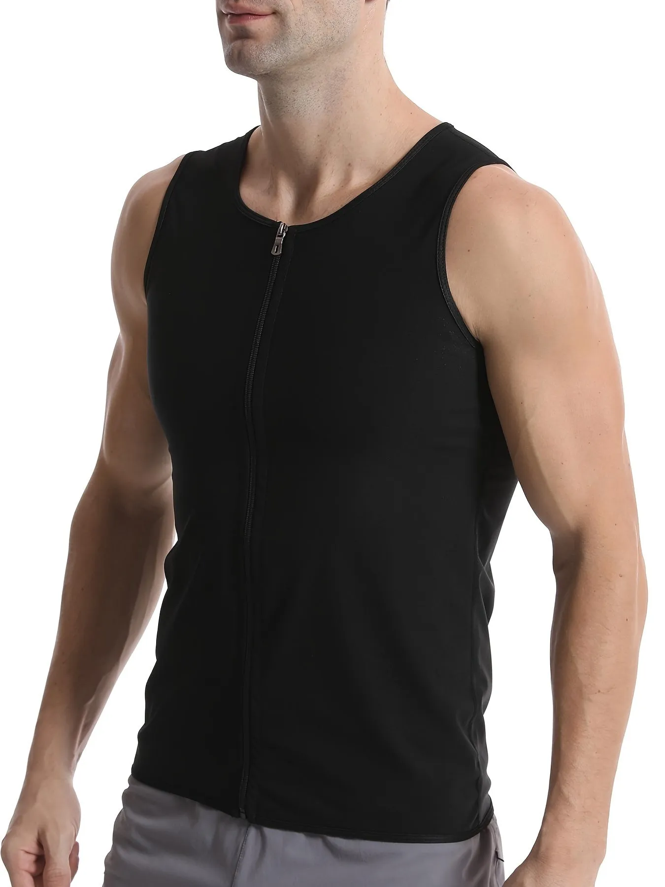 Men's Zip Sports Weight Loss Body Shaping Vest, Men's Skinny Fit Sauna Sleeveless Vest For Fitness Training