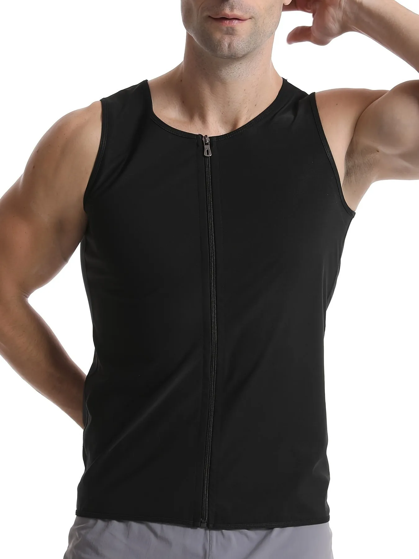 Men's Zip Sports Weight Loss Body Shaping Vest, Men's Skinny Fit Sauna Sleeveless Vest For Fitness Training