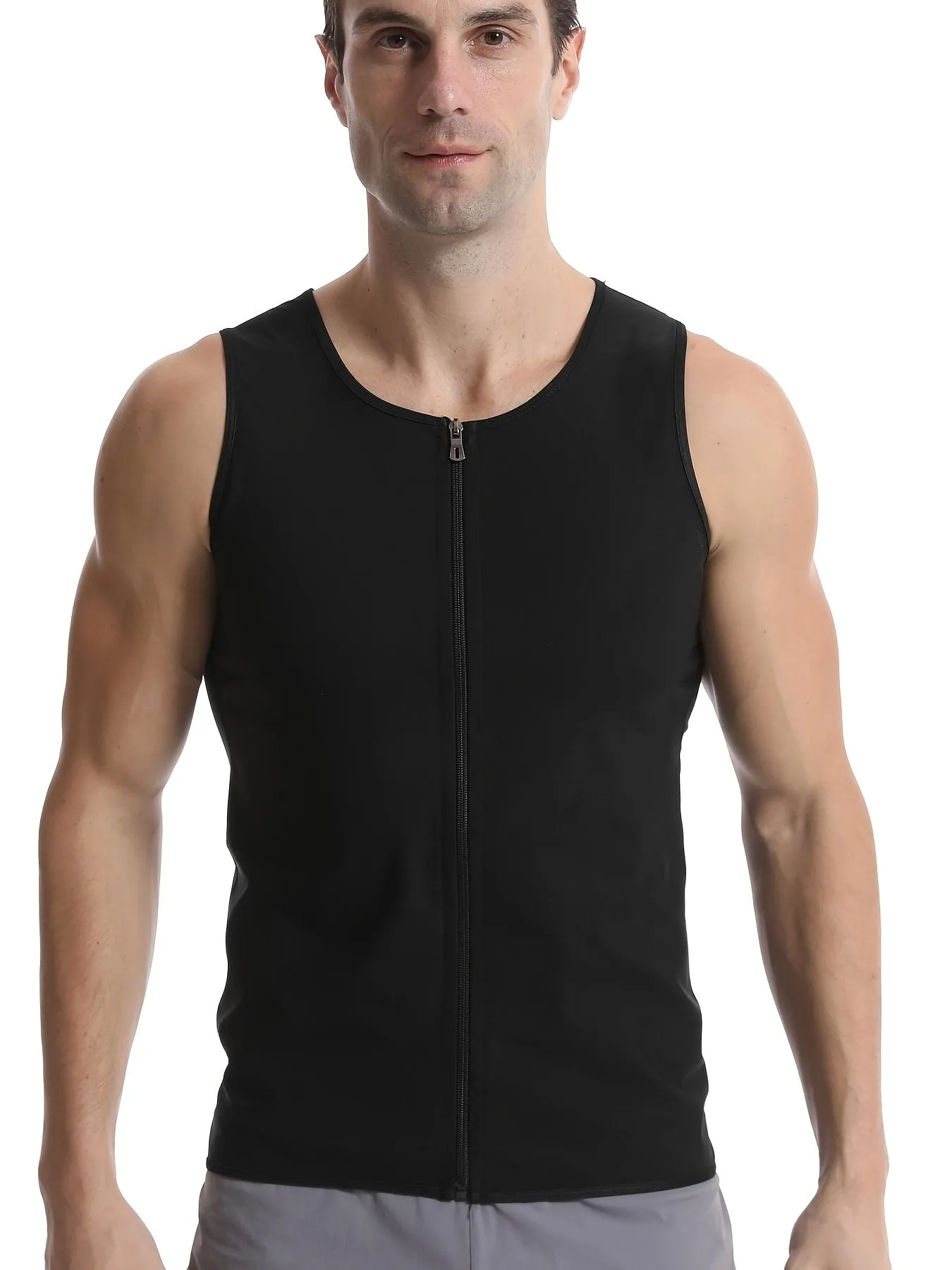 Men's Zip Sports Weight Loss Body Shaping Vest, Men's Skinny Fit Sauna Sleeveless Vest For Fitness Training