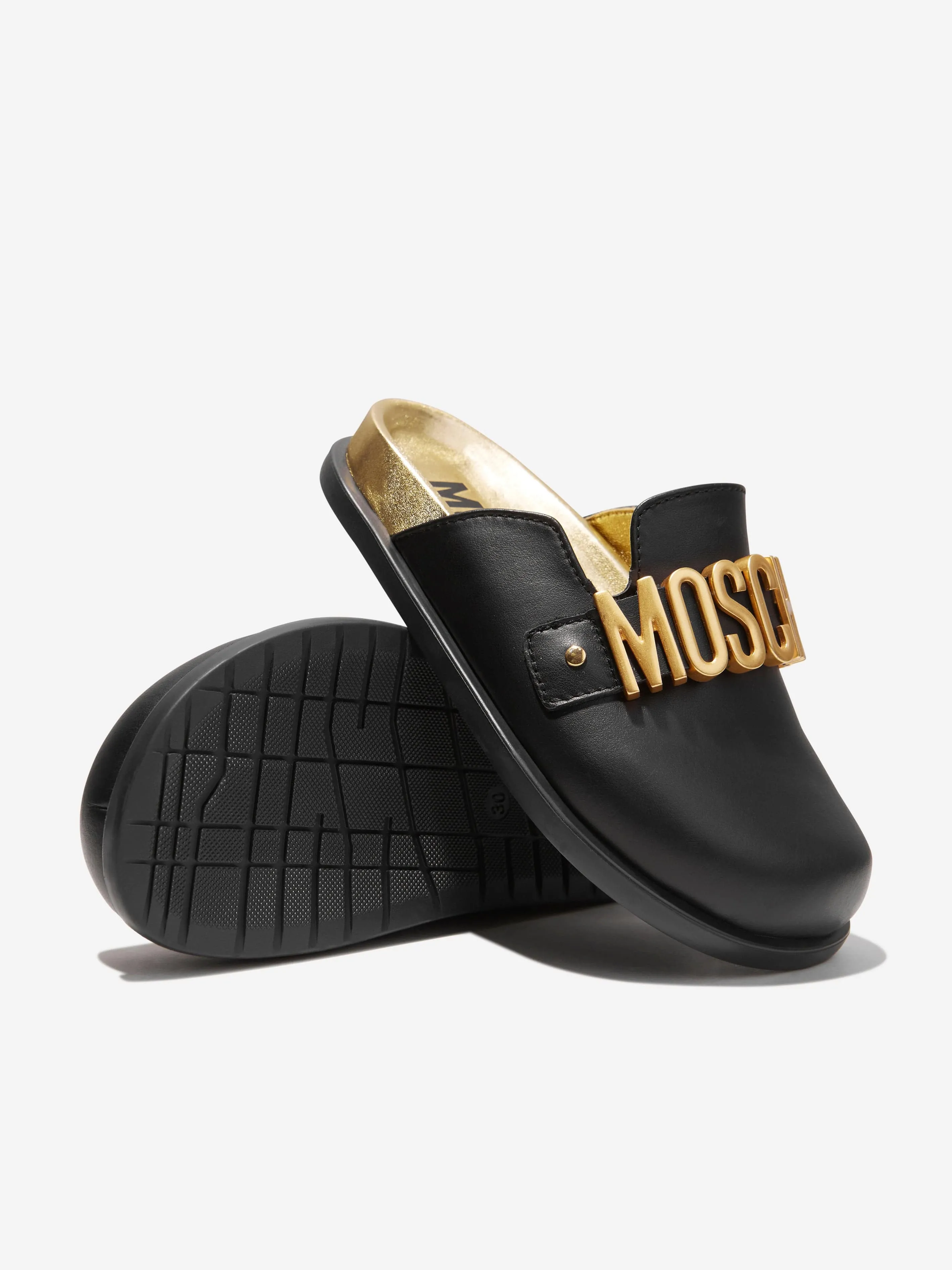 Moschino Girls Lettering Logo Mules in Black