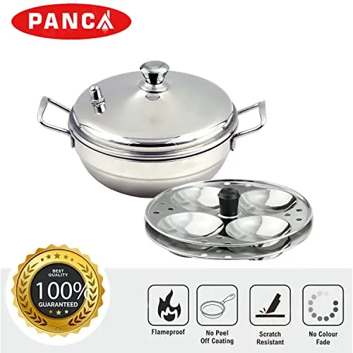 PANCA Stainless Steel Multi Purpose Kadai with Steel Lid, Idli Maker 2 Idli Plate 8 Cavity Idli Cooker Stainless Steel Idly Pot with Steamer, Silver