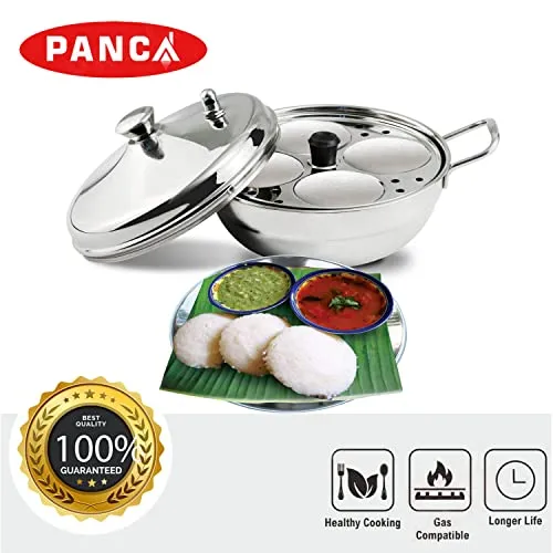 PANCA Stainless Steel Multi Purpose Kadai with Steel Lid, Idli Maker 2 Idli Plate 8 Cavity Idli Cooker Stainless Steel Idly Pot with Steamer, Silver