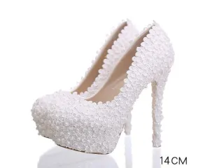 Pearls Lace Pointed Toe White High Heels Wedding Bridal Shoes, SY0124