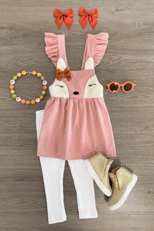 Pink Corduroy Fox Jumper Dress Set