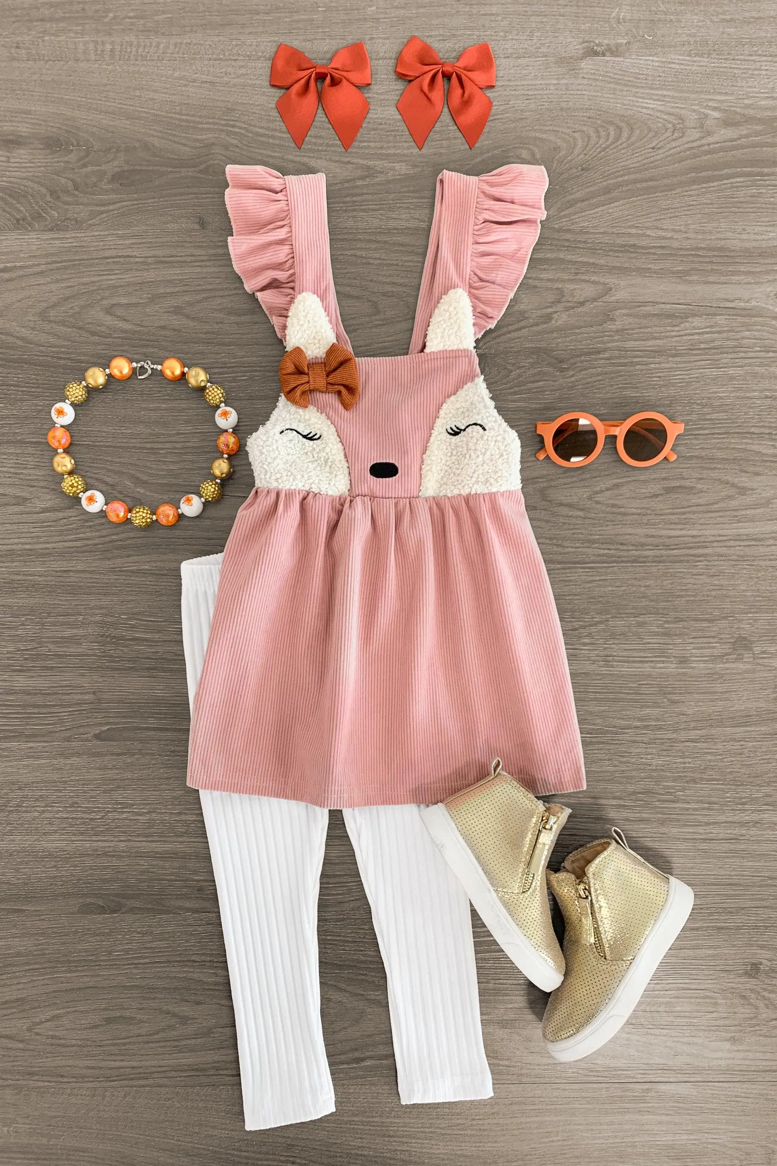 Pink Corduroy Fox Jumper Dress Set