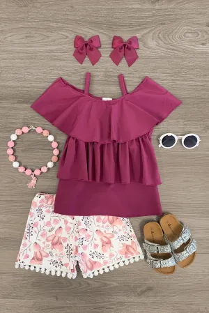 Plum Ruffle & Pink Bunny Pom Pom Short Set