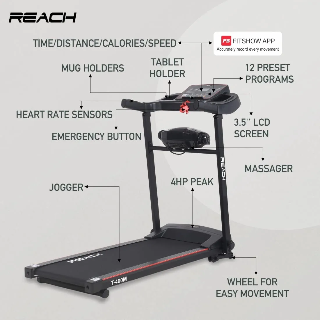 Reach T-400M [4HP Peak] Multipurpose Automatic Treadmill with Manual Incline and Massager Perfect for Home use - Electric Motorized Running Machine for Home Gym ( Max Speed 12km/hr)