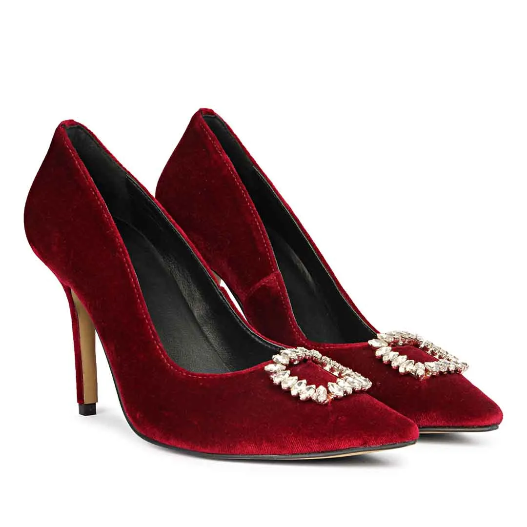 Saint Wren Crystal Buckle Maroon High Heel Pumps