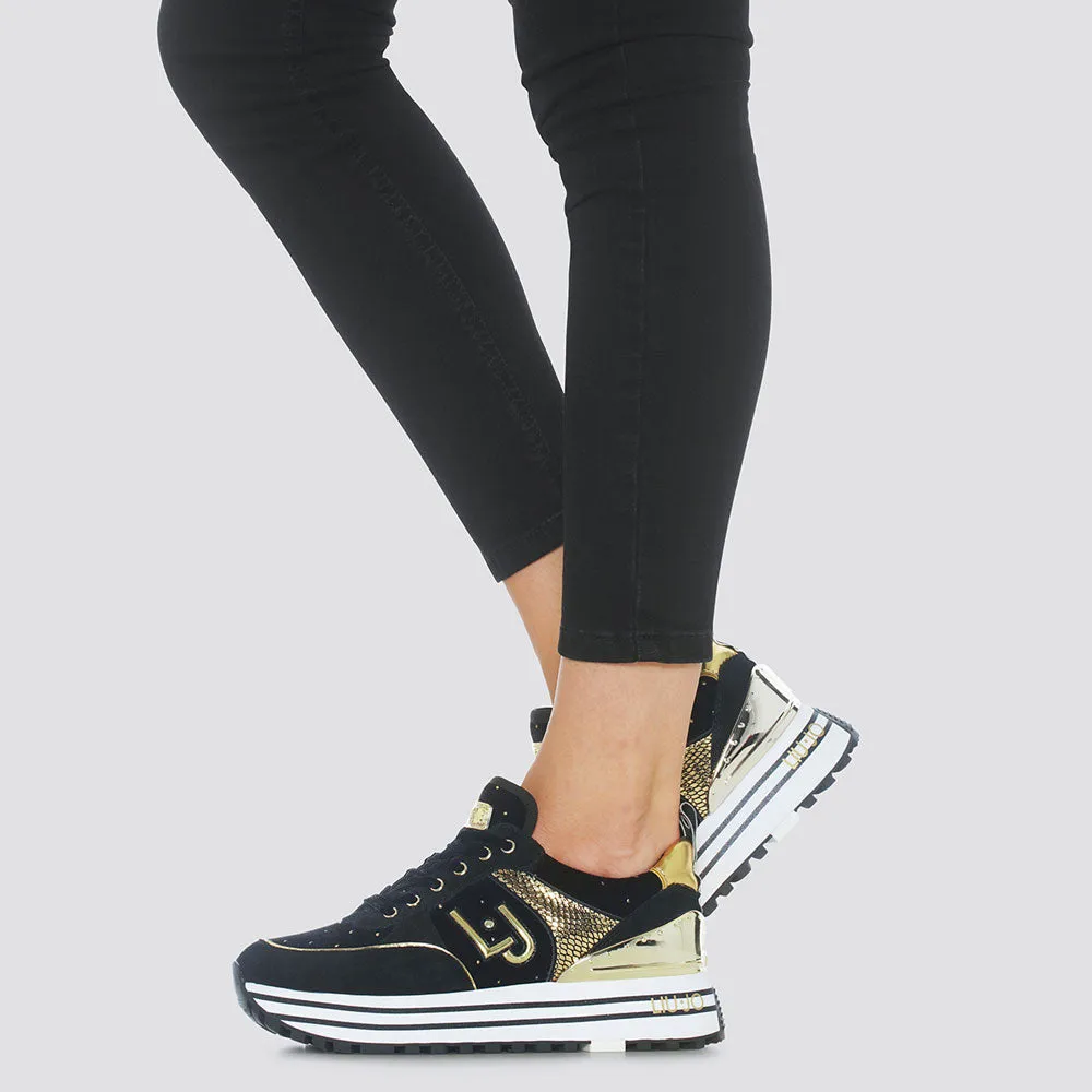 Scarpe Donna LIU JO Sneakers Platform in Suede e Velluto Nero con Pois Oro