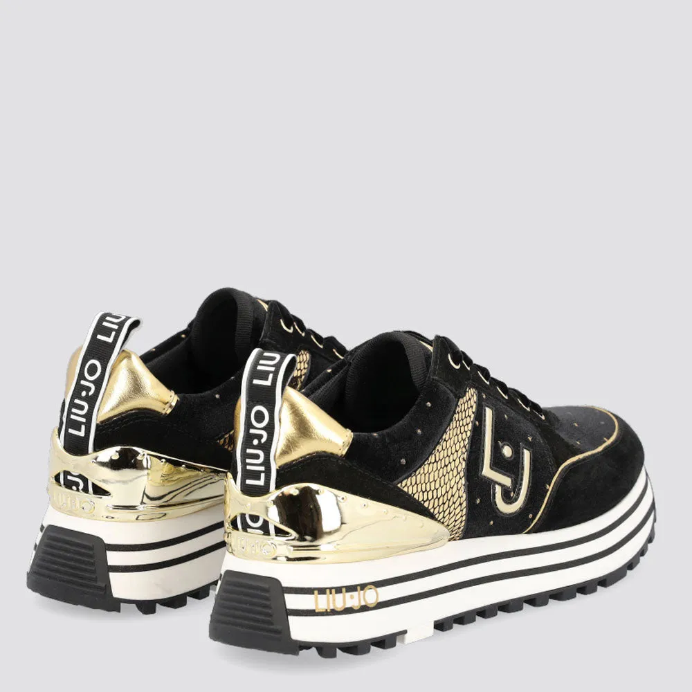 Scarpe Donna LIU JO Sneakers Platform in Suede e Velluto Nero con Pois Oro