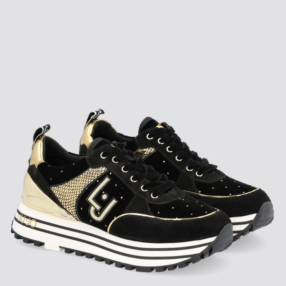 Scarpe Donna LIU JO Sneakers Platform in Suede e Velluto Nero con Pois Oro