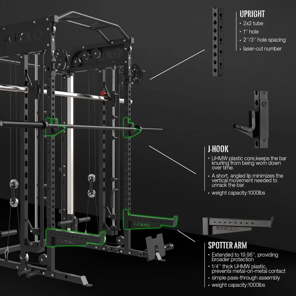 Smith Machine, All-In-One Power Rack Cage with Adjustable Cable Crossover, Vertical Leg Press and Smith Bar with 1500 Lbs Capacity Barbell Combo