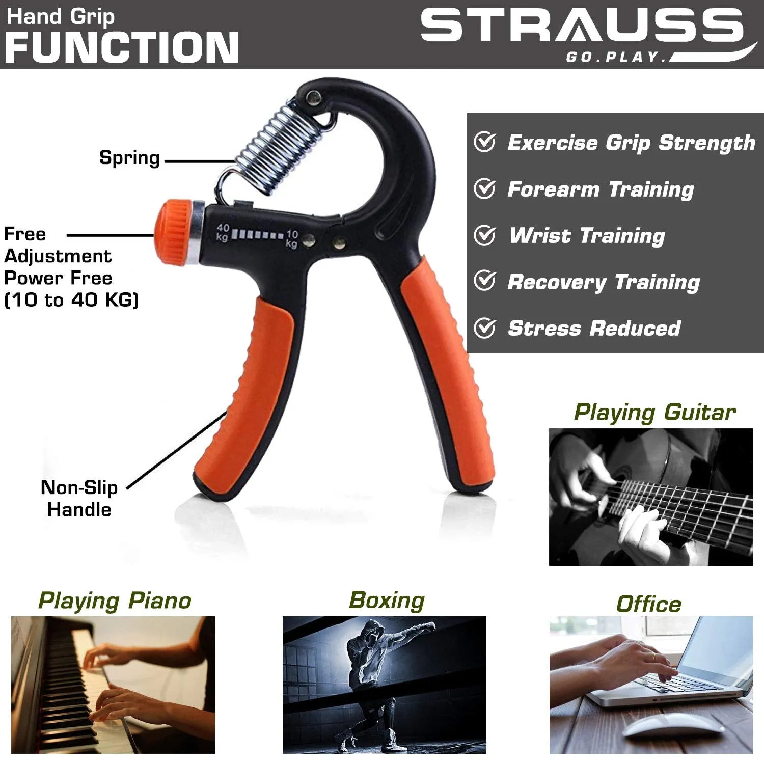 Strauss Adjustable Hand Grip Strengthener, (Black/Orange) and Wrist Exerciser, Black