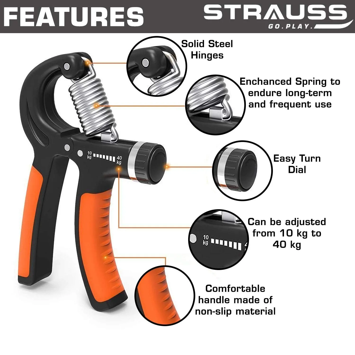 Strauss Adjustable Hand Grip Strengthener, (Black/Orange) and Wrist Exerciser, Black