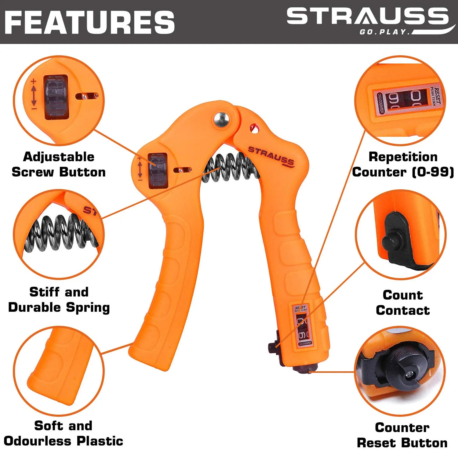 Strauss Adjustable Hand Grip Strengthener with Counter, (Orange)