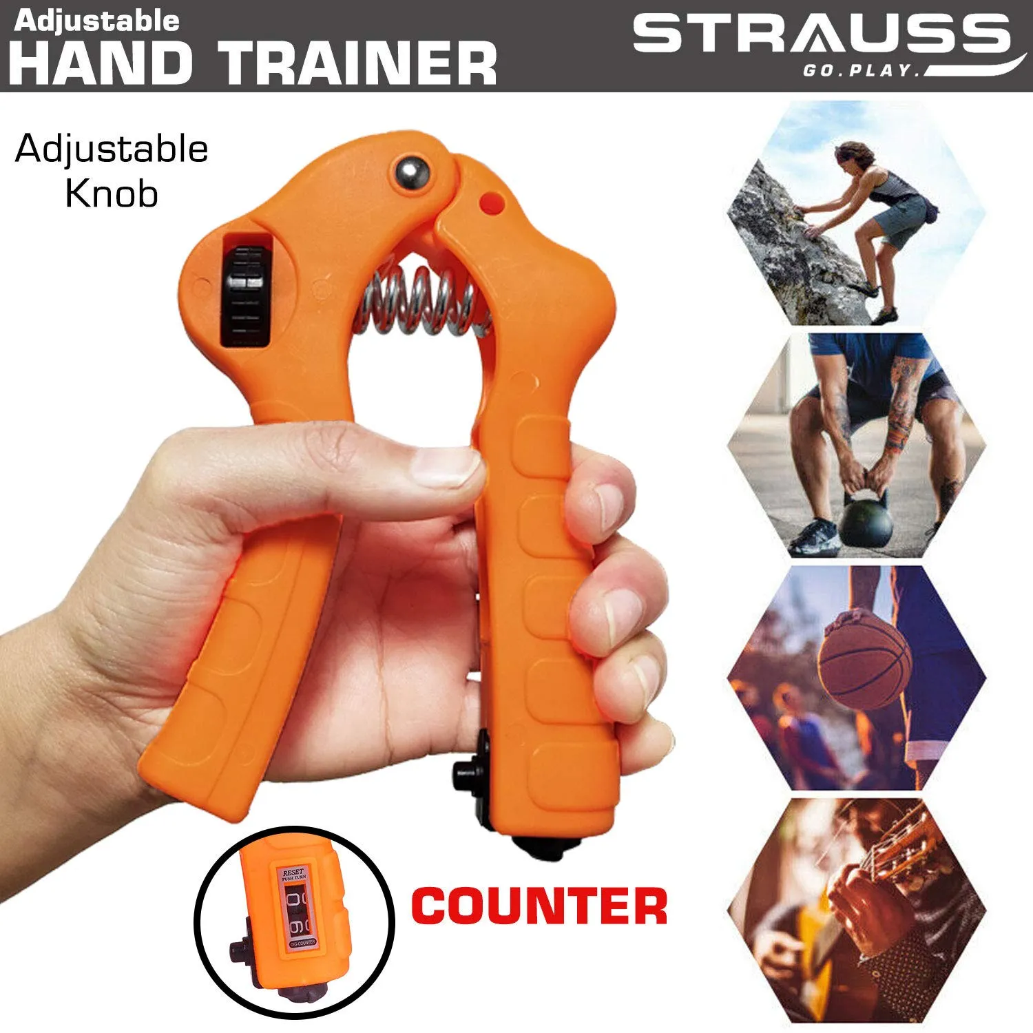 Strauss Adjustable Hand Grip Strengthener with Counter, (Orange)