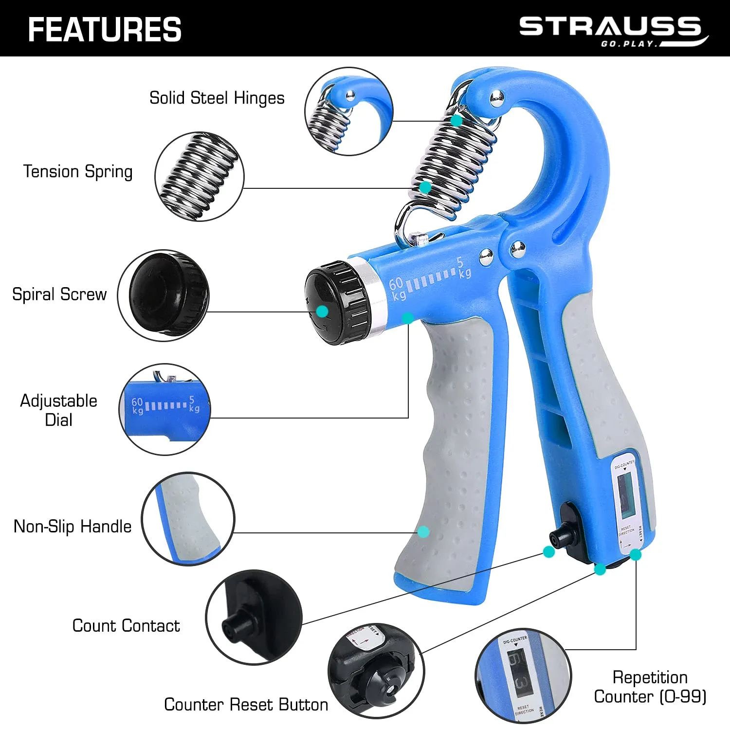 Strauss Adjustable Hand Grip with Counter | Adjustable Resistance (10KG - 60KG) | Hand Gripper for Home & Gym Workouts | Ideal for Forearm Hand Exercises & Strength Building for Men & Women,(Blue)