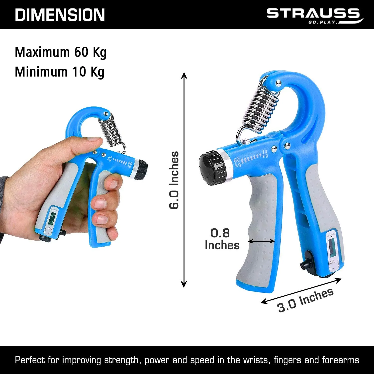 Strauss Adjustable Hand Grip with Counter | Adjustable Resistance (10KG - 60KG) | Hand Gripper for Home & Gym Workouts | Ideal for Forearm Hand Exercises & Strength Building for Men & Women,(Blue)