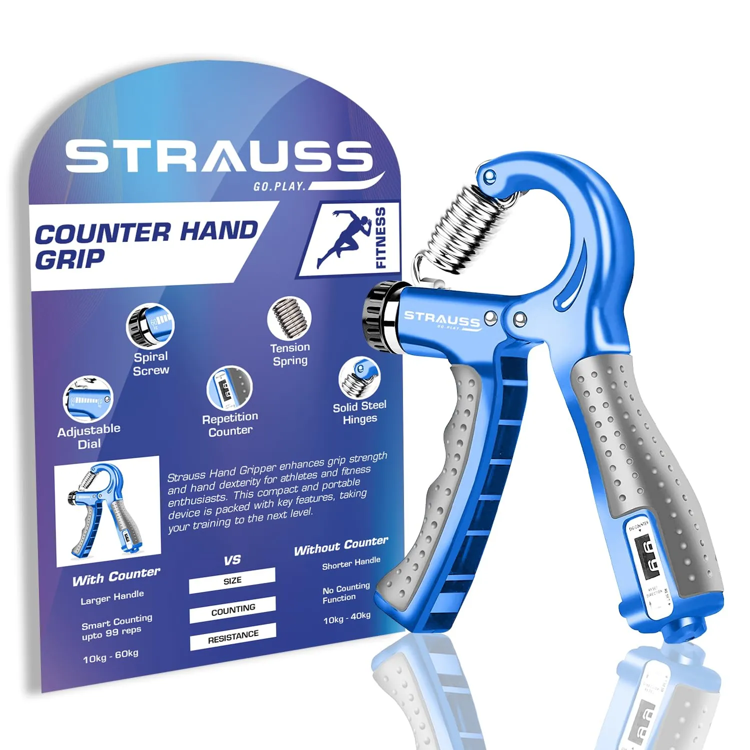 Strauss Adjustable Hand Grip with Counter | Adjustable Resistance (10KG - 60KG) | Hand Gripper for Home & Gym Workouts | Ideal for Forearm Hand Exercises & Strength Building for Men & Women,(Blue)