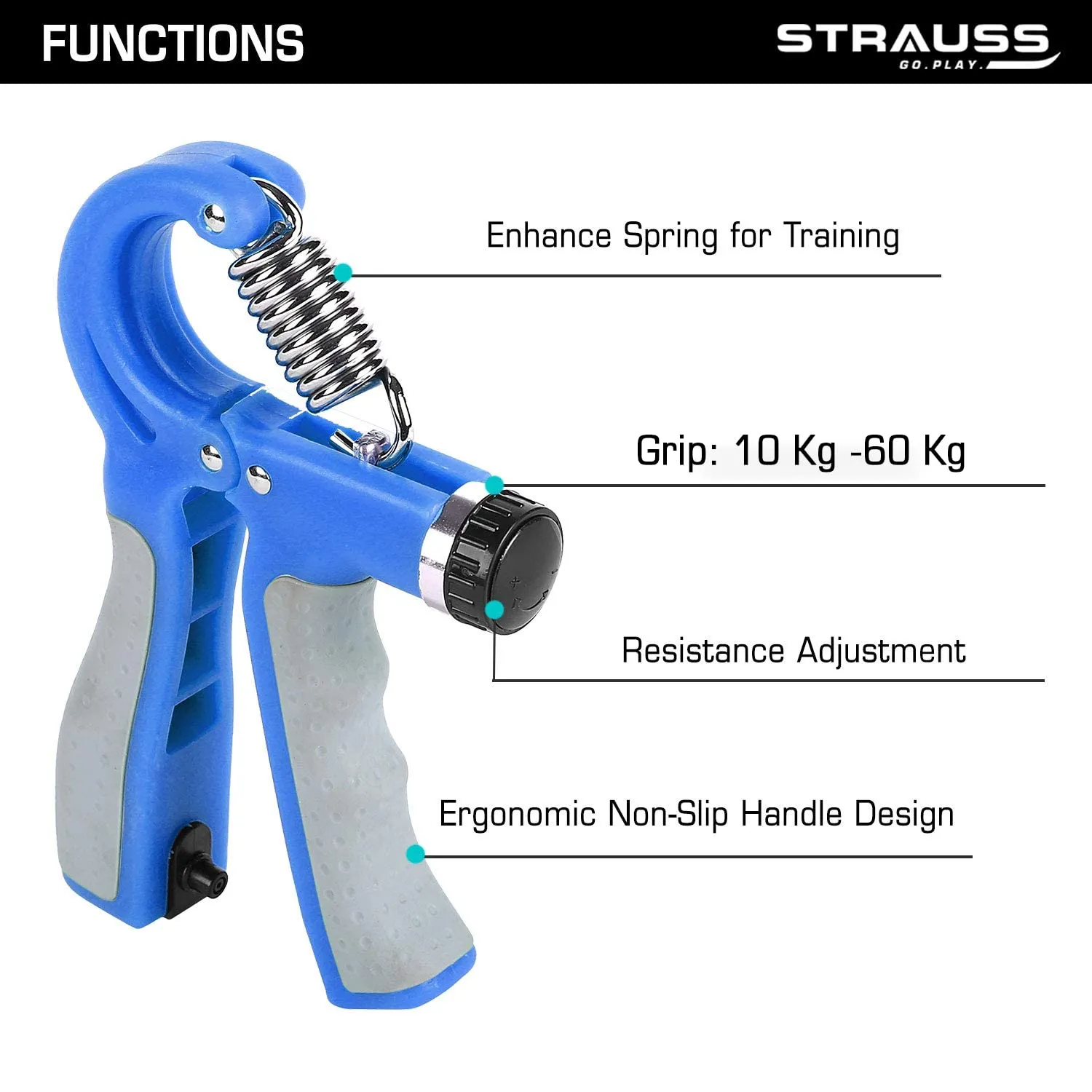 Strauss Adjustable Hand Grip with Counter | Adjustable Resistance (10KG - 60KG) | Hand Gripper for Home & Gym Workouts | Ideal for Forearm Hand Exercises & Strength Building for Men & Women,(Blue)