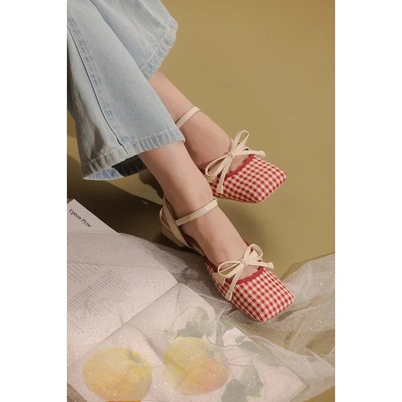 TAVIMART  -  Red And White Grid Туфли Женские Slingback Zapatos Mujer Tendencia Butterfly Knot Heeled Sandals Square Toe Women Shoes Summer