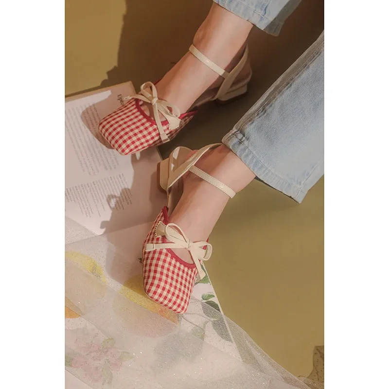 TAVIMART  -  Red And White Grid Туфли Женские Slingback Zapatos Mujer Tendencia Butterfly Knot Heeled Sandals Square Toe Women Shoes Summer