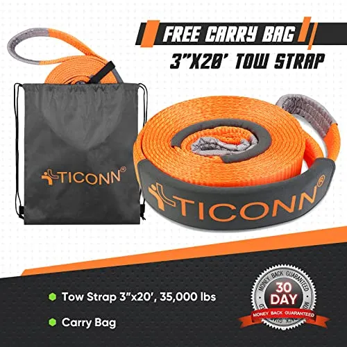 TICONN 3 ''x20' Recovery Tow Strap, Break Strength 35,000 lbs Tested Tree Saver, Triple Reinforced Webbing and Loop Straps Kit, Winch Snatch Strap (20' Recovery Strap)